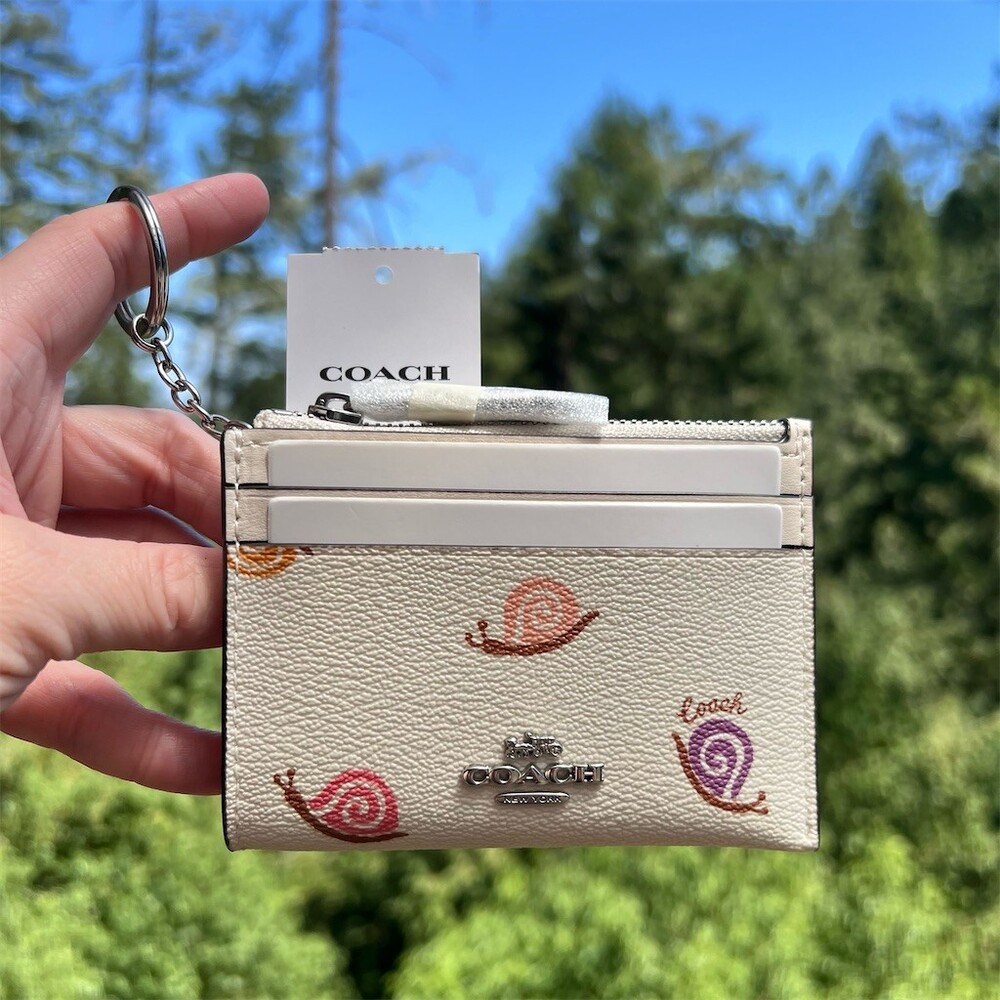 COACH Mini Skinny Card Case Id Case Keychain Wallet Snail Print Silver Hardware - Picture 2 of 10